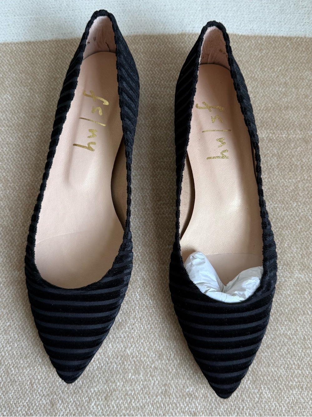 FS/NY Black velvet Striped Pointed-Toe Flats size 6.5
